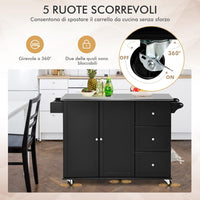 Carrello da Cucina, Isola da Cucina con Piano in Acciaio Inox, 3 Cassetti e Armadietto a 2 Ante, Ripiani Regolabili e Portasciugamani e Portaspezie, 135x45,5x 91,5 cm (Nero)