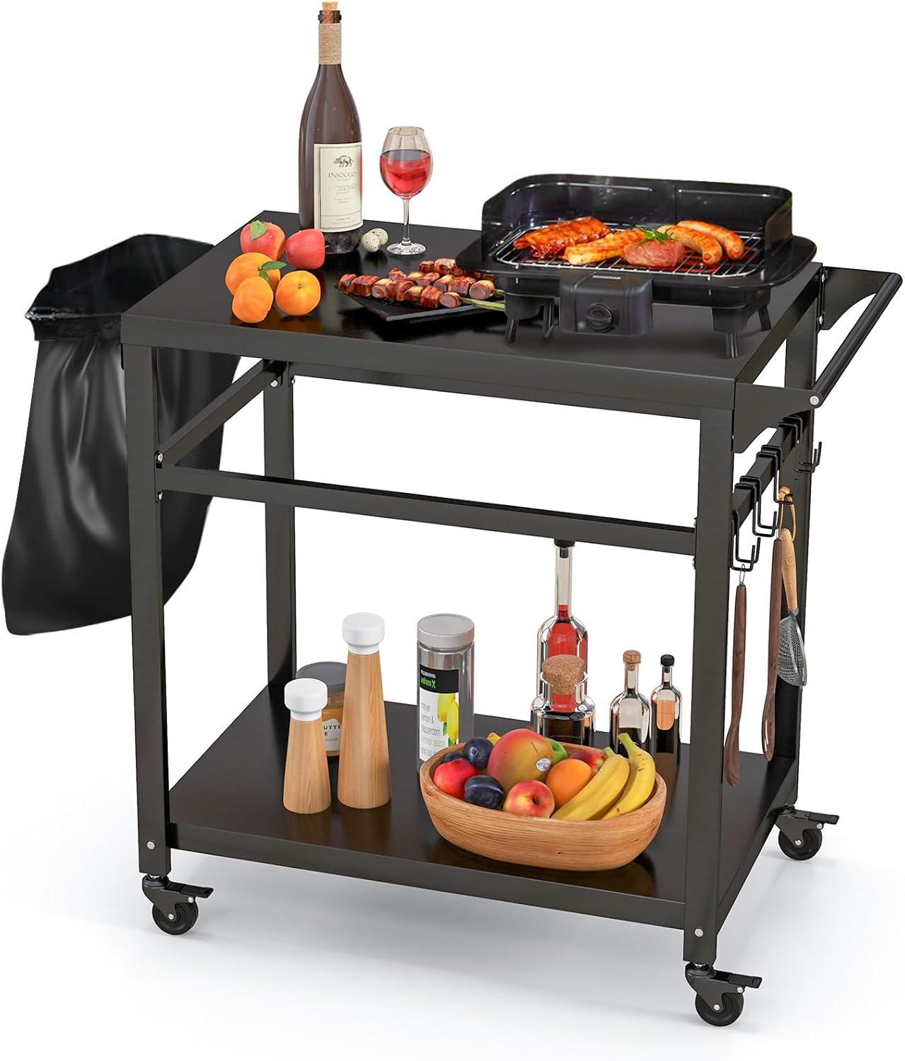 Carrello Barbecue da Esterno in Metallo, Carrello da Cucina Esterno con 2 Ripiano, 4 Ruote Bloccabili, Ganci, Maniglia Laterale, per Girdino, Cucina