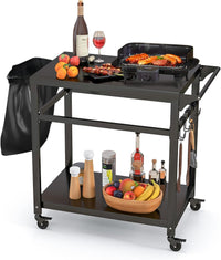 Carrello Barbecue da Esterno in Metallo, Carrello da Cucina Esterno con 2 Ripiano, 4 Ruote Bloccabili, Ganci, Maniglia Laterale, per Girdino, Cucina