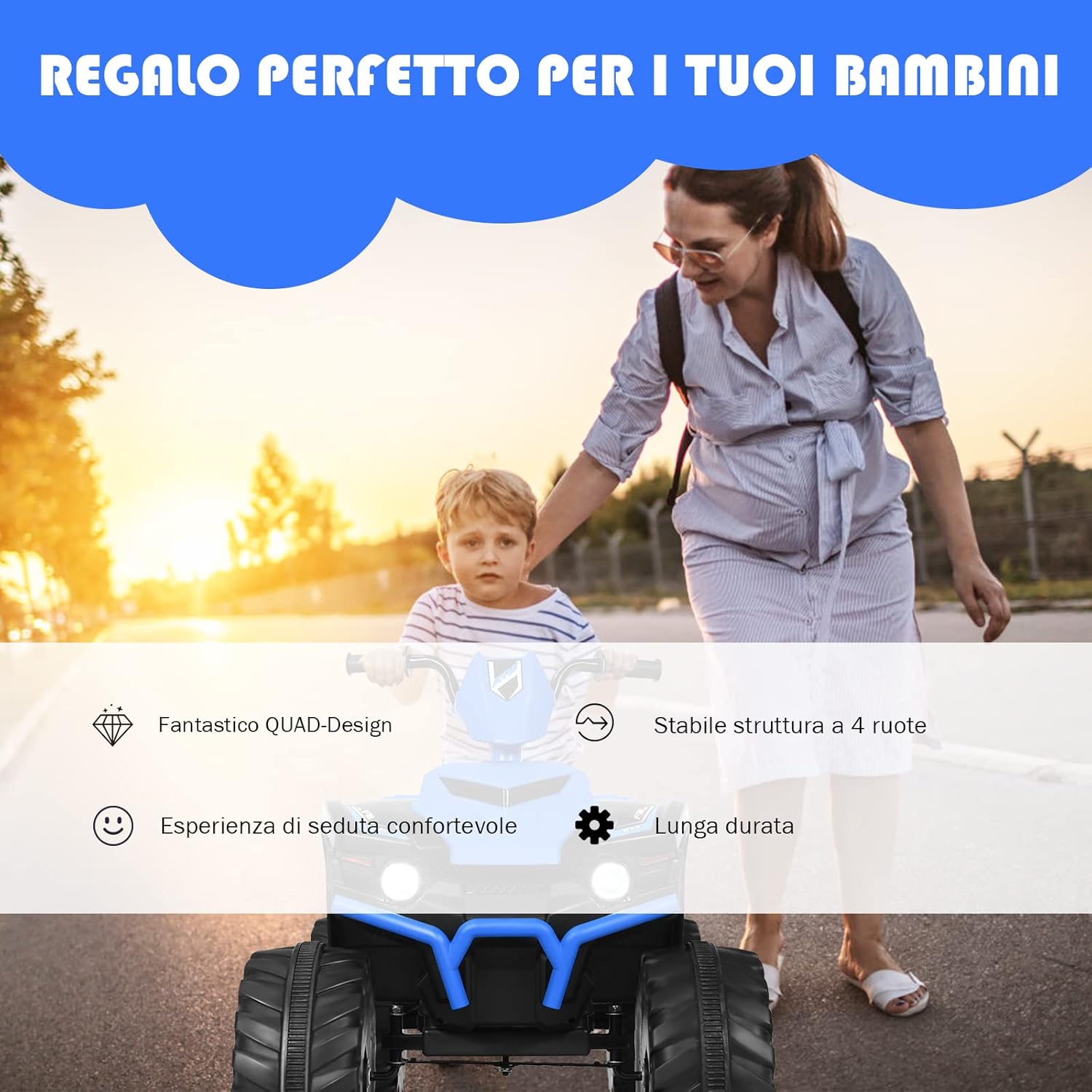 12 V Quad Elettrico per Bambini, Auto Elettrica Cavalcabile con Luci LED e Musica, Velocità Fino a 5km/h, per Bambini 3-7 Anni (Blu)
