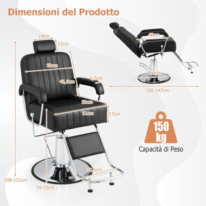 Poltrona da Barbiere Girevole, Sedia da Barbiere con Poggiatesta Regolabile e Schienale Reclinabile, con Altezza Regolabile, Portata 150 kg