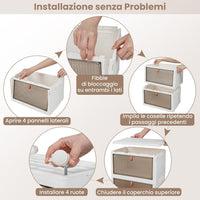 Scarpiera Pieghevole a 3/4/6 Piani, Mobile Multiuso Impilabile con Porte Trasparenti Magnetiche e Ruote Piroettanti Bloccabili, Contenitore con Coperchio per Cibi Giocattoli Abiti (4 Piani)