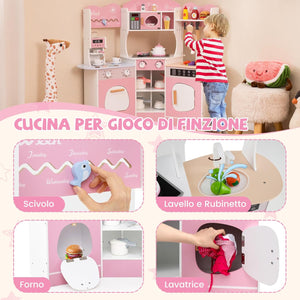 Cucina Giocattolo Angolare con Fornelli e Micronde da Suoni e Luci, Cucina per Bambini in Legno con Macchina Caffè, Lavandelo, Forno e Lavatrice, Set Cucina con Accessori (Rosa)