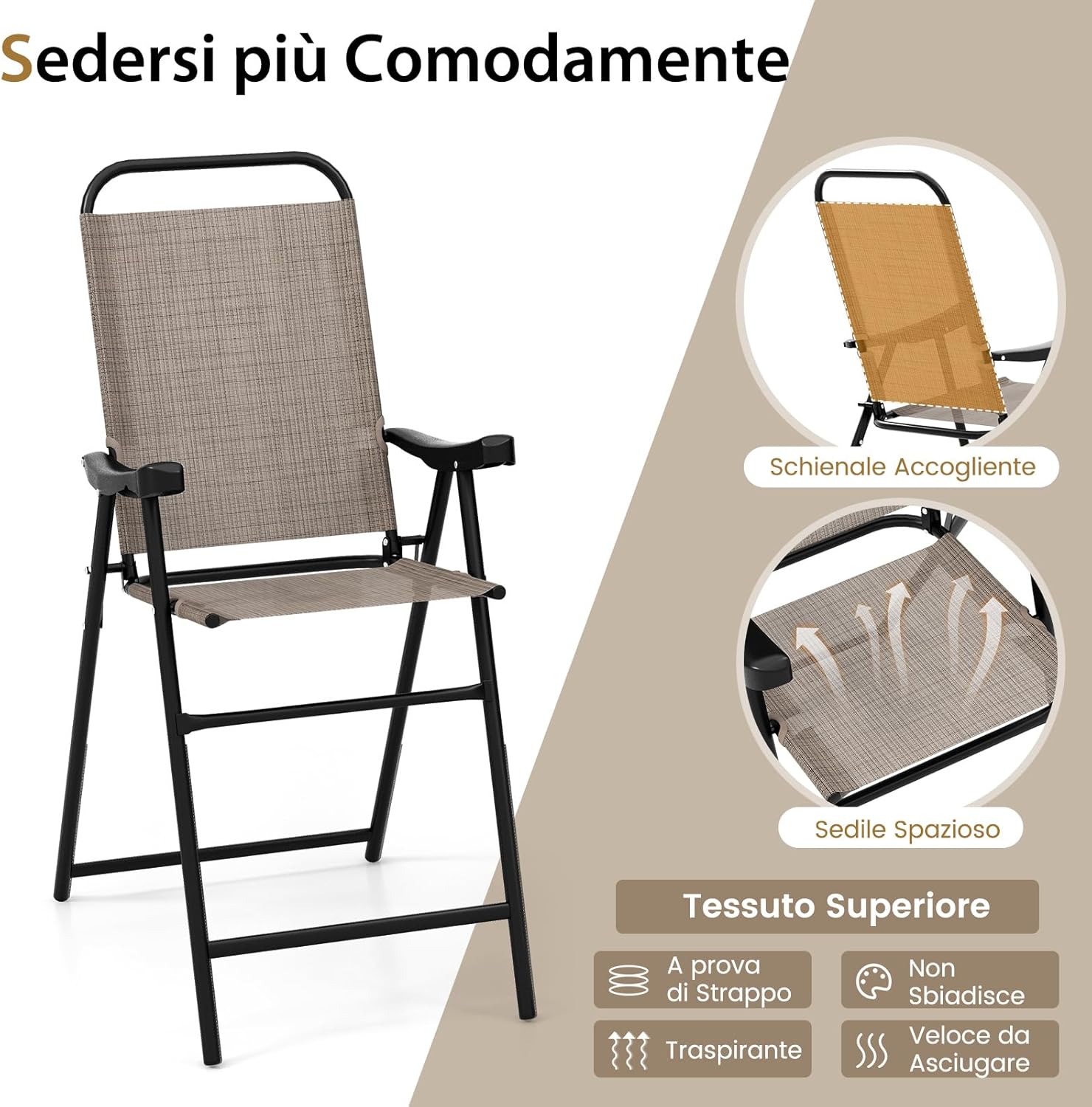 Set di 2 Sgabelli Pieghevoli da Bar per Giardino, Set di 2 Sedie Alte da Bar con Telaio in Metallo e Poggiapiedi, per Balcone, Giardino e Piscina, 56 x 76 x 112 cm (L x P x A)