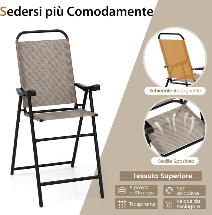 Set di 2 Sgabelli Pieghevoli da Bar per Giardino, Set di 2 Sedie Alte da Bar con Telaio in Metallo e Poggiapiedi, per Balcone, Giardino e Piscina, 56 x 76 x 112 cm (L x P x A)
