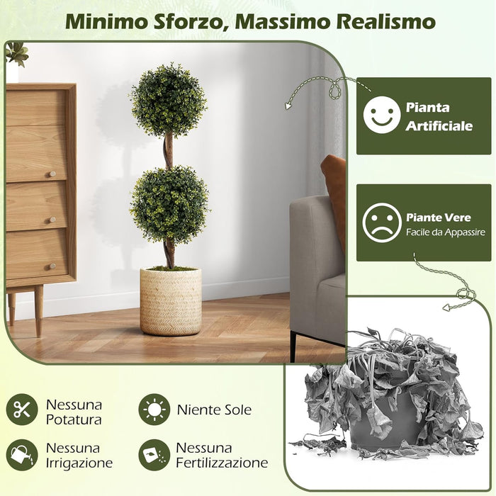 Set di 2 Alberi Artificiali con Tronco Solido da 90 cm, Muschio Naturale e Vaso Stabile Riempito di Cemento, Arbusto Finto Protetto dal Sole per Decorazione Interna ed Esterna