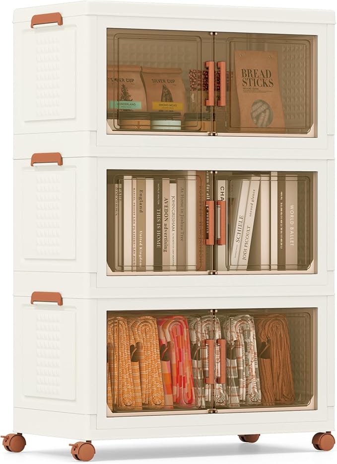 Contenitori Pieghevoli con Coperchio, Set da 4/3 Scatole di Plastica Impilabili con Ruote, per Organizzatore di Armadio con Porte a Apertura Frontale, Multiuso (68,5 x 37,5 x 107 cm)