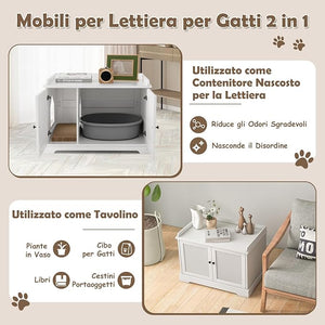 Mobile per Lettiera per Gatti, Casetta per Gatti con Tiragraffi, Divisorio Regolabile, Ante e Ingresso Laterale, Mobiletto Versatile e Moderno per Salotto, 75 x 51 x 53 cm, Bianco