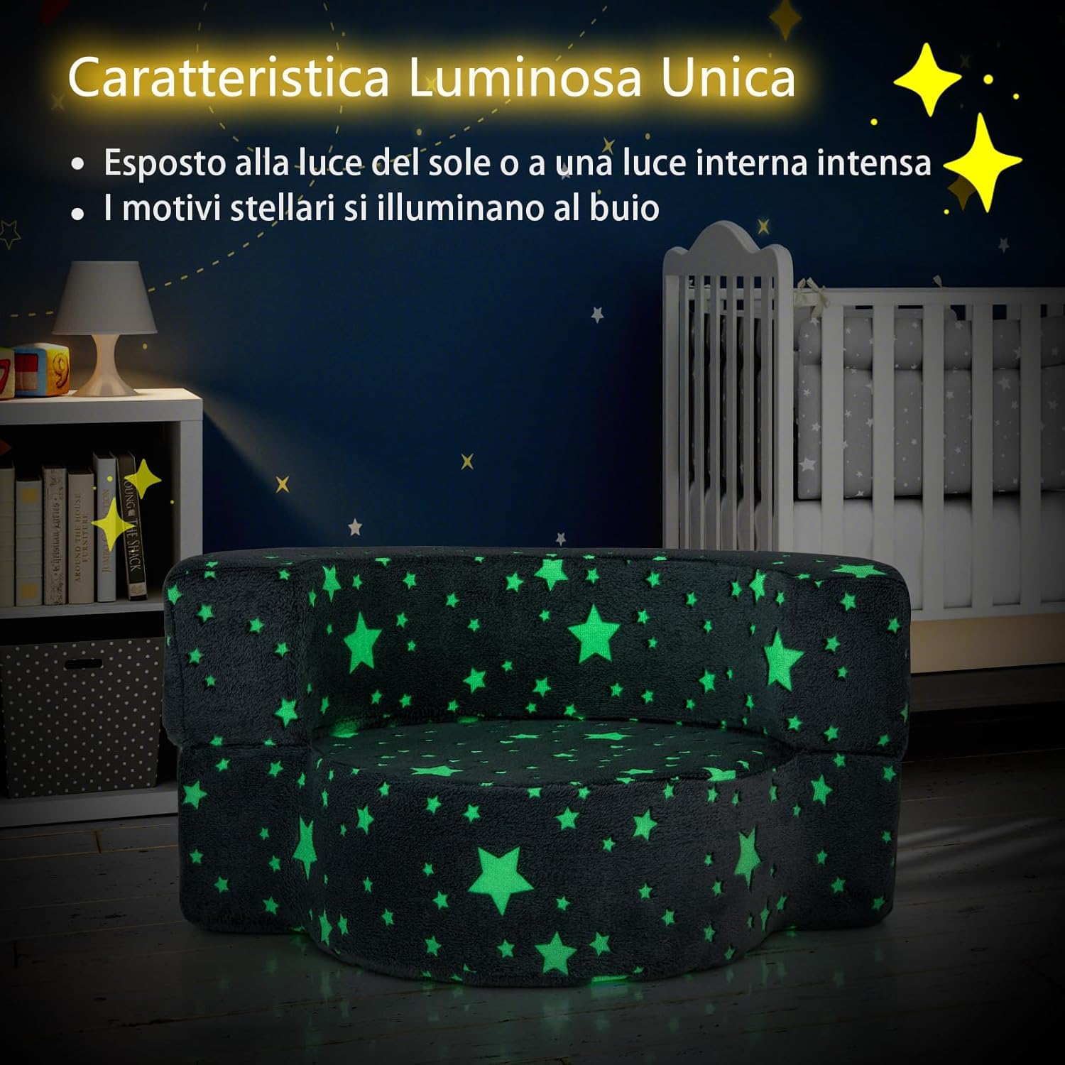 Divano in Schiuma Luminoso al Buio, Divano 2 in 1 per Bambini con Copertura Rimovibile e Lavabile, Poltrona per Bambini 3+ Anni per Cameretta e Soggiorno, 80 x 64 x 40 cm