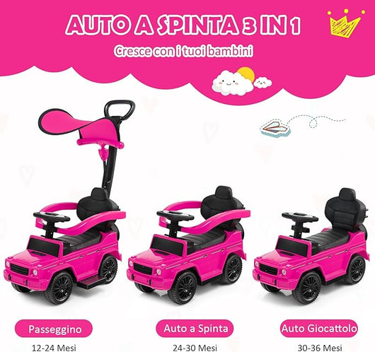 Auto a Spinta per Bambini, Macchina Cavalcabile a Spinta con Tettuccio Regolabile Maniglia per Genitori Paracolpi, Ideale per Bambini 12-36 Mesi (Rosa)