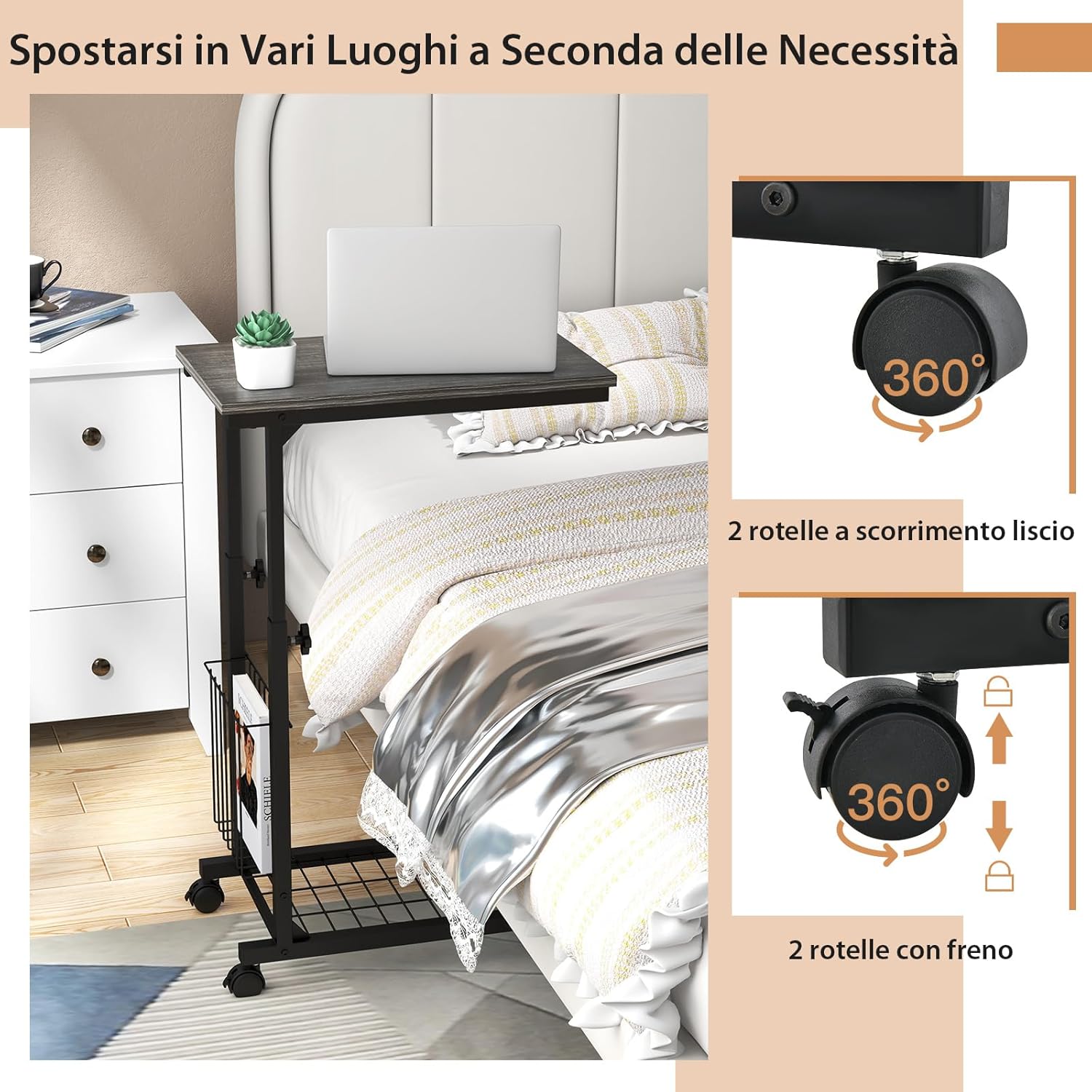 Tavolino da Salotto Moderno, Tavolino Basso Regolabile in Altezza con Ruote e Cestino Portaoggetti, Tavolino Porta PC a Forma di C da Divano e Letto per Soggiorno e Camera da Letto (Grigio)