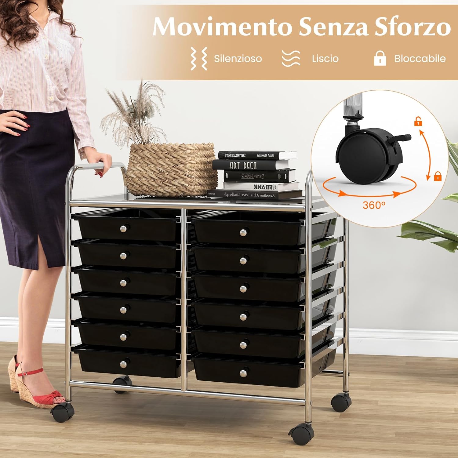 Carrello di Stoccaggio con 12 Cassetti, Carrello portaoggetti con 4 Ruote, Carrello Multiuso per Scuola Ufficio Cucina, 64 x 38 x 62 cm (12 cassetti Nero)