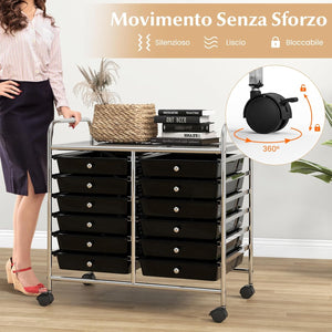Carrello di Stoccaggio con 12 Cassetti, Carrello portaoggetti con 4 Ruote, Carrello Multiuso per Scuola Ufficio Cucina, 64 x 38 x 62 cm (12 cassetti Nero)
