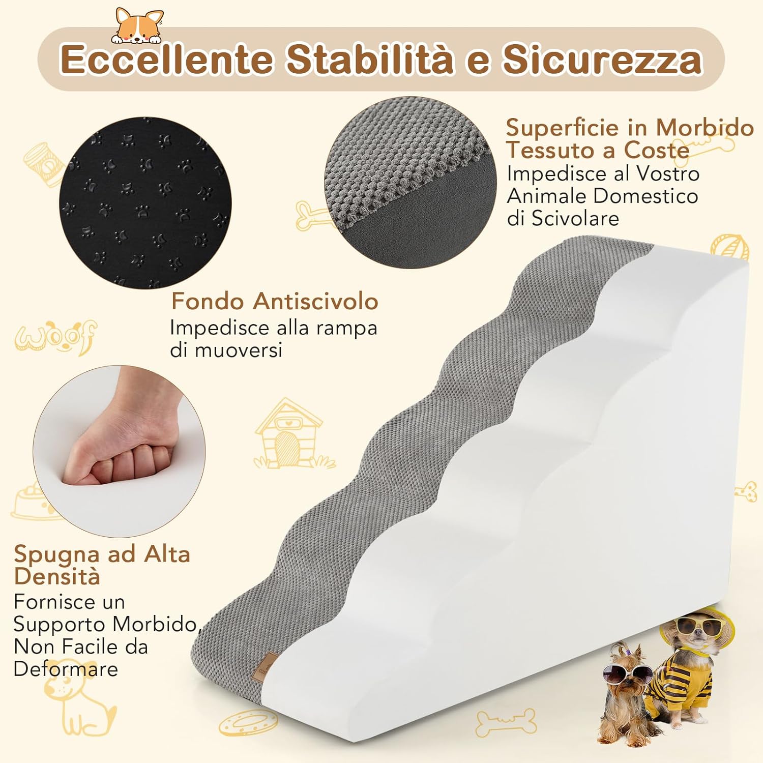 Rampa per Cani in Schiuma, Scale per Animali con Copertura Lavabile, Fondo Antiscivolo, Passi Incline per Letti e Divani, Scala per Animali Piccoli, Anziani e Feriti (Grigio,5,41 x 87 x 56cm)