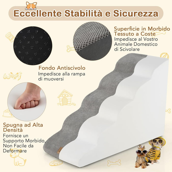 Rampa per Cani in Schiuma, Scale per Animali con Copertura Lavabile, Fondo Antiscivolo, Passi Incline per Letti e Divani, Scala per Animali Piccoli, Anziani e Feriti (Grigio,5,41 x 87 x 56cm)