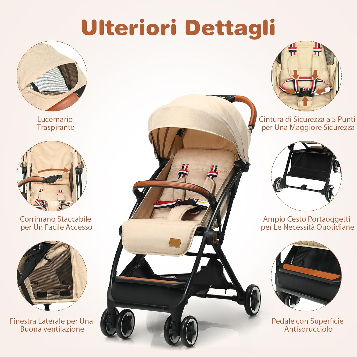 Passeggino Pighevole per Bmabini, Passeggino con Schienale e Poggiapiedi Regolabili, Passeggino Leggero Portata 15 kg, con Cappottina e Zanzariera, per Bambini 0-3 Anni (Beige)