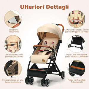Passeggino Pighevole per Bmabini, Passeggino con Schienale e Poggiapiedi Regolabili, Passeggino Leggero Portata 15 kg, con Cappottina e Zanzariera, per Bambini 0-3 Anni (Beige)