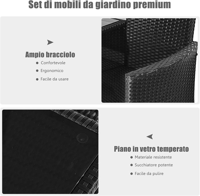 Poltrona da Patio con Tavolo in Vetro Temprato, Set di Mobili in Rattan PE Resistente All’usura con Struttura in Metallo, Cuscini Spessi, per Esterni Giardino Piscina Cortile (Bianco)