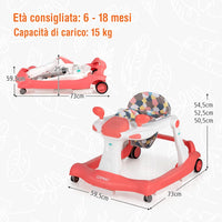 Girello per bambini 2 in 1, Girello con Altezza e Velocità Regolabili, Carillon con Luci e Cuscino Comodo, Primi Passi per Bambini 6-18 Mesi, Capacità di carico: 15 kg (Arancia)