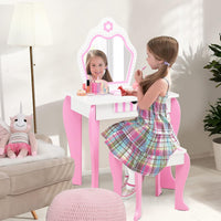 Toeletta Trucco per Bambina, Specchiera per Ragazzi in Legno, Postazione Trucco Robusto 2 in 1 con Cassetto, Sgabello e Specchio Staccabile, 49 x 34 x 86 cm, Bianco e Rosa