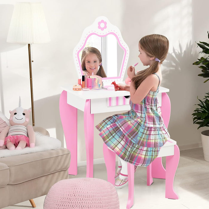 Toeletta Trucco per Bambina, Specchiera per Ragazzi in Legno, Postazione Trucco Robusto 2 in 1 con Cassetto, Sgabello e Specchio Staccabile, 49 x 34 x 86 cm, Bianco e Rosa
