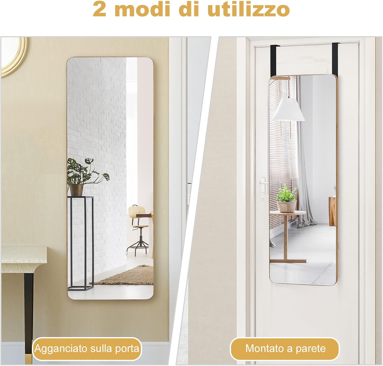 Specchio Figura Intera sulla porta, Specchio Rettangolare da Parete, Specchio Moderno da Trucco da Appendere con 2 Ganci, Ideale per Corridoio Salone Camera da Letto Bagno