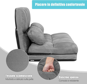 Divano Letto da Terra con 2 Cuscini, Divano Letto Pieghevole con Schienale Regolabile a 6 Livelli, Ideale per Camera da Letto e Soggiorno (Grigio)