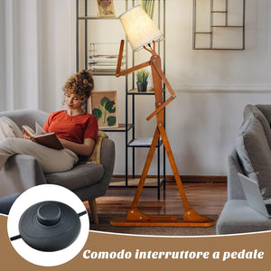 Lampada da Terra in Legno, Piantana Umanoide Decorativa ad Angolo con Articolazioni Regolabili, Paralume in Tessuto e Interruttore a Pedale, Lampa a Stelo da Salotto e Camera da Letto
