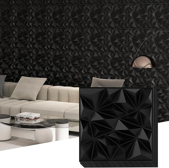 40 Pezzi 3D Pannelli Murali 50 x 50 cm, Pannello da Parete 3D Diamante, Decorazione Interna da Parete in PVC, 10 m², per Soggiorno Camera da Letto (10㎡,Nero)