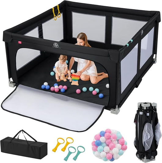 Box per Bambini 150 x 150 cm, Recinto per Bambini Pieghevole in Tessuto Oxford con Rete Traspirante, Box con Giochi che Include 50 Palline, 4 Pezzi Anelli e Borsa (Nero, 150 x 150 cm)