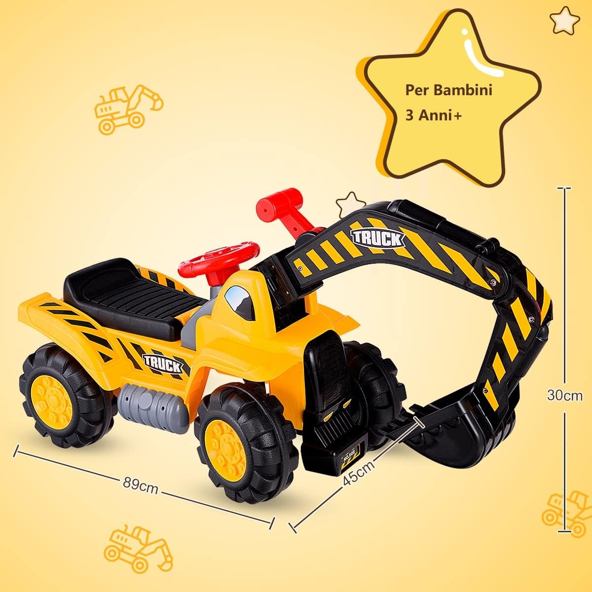 Ruspa Elettrica Multifunzione per Bambini, Escavatore Giocattolo Cavalcabile Elettrica, con Pietra ed Casco, Regalo per Bambini 3 Anni+, 89x45x30 cm