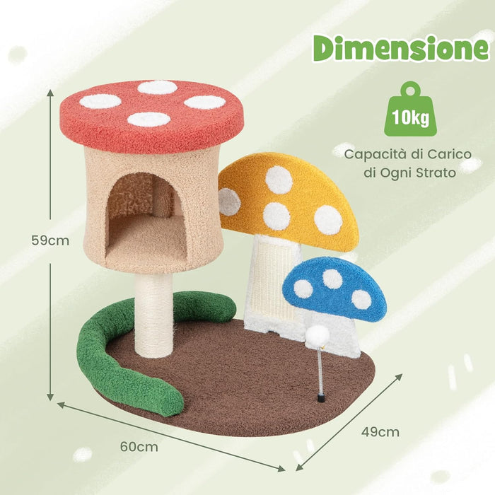 Albero per Gatti 4-in-1 con Condo e Piattaforma, Torre per Gattini a Forma di Fungo con Palo Avvolto in Sisal, Tiragraffi e Palla a Molla