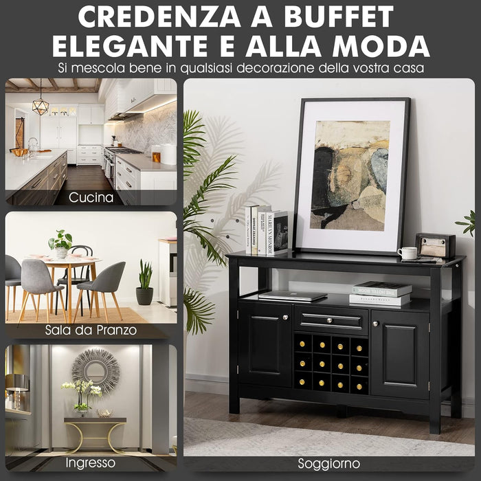 Credenza Moderna con Tanto Spazio, Credenza Cucina con Porta Bottiglie di Vino a Forma Incrociata, Mensola Aperta, 2 Armadietti e Cassetto, 117 x 40,5 x 82,5 cm (Nero)