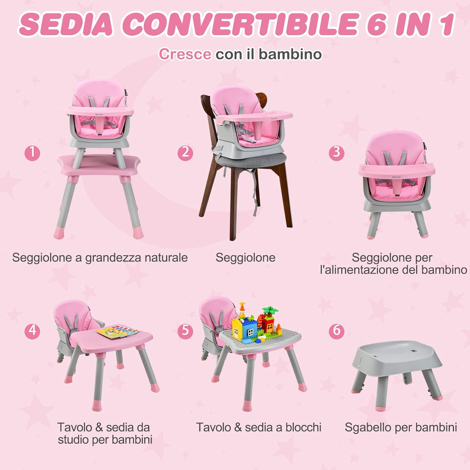 Seggiolone Pappa per Bambini 6 in 1, Seggiolone per Neonati Convertibile, Tavolo per Costruzioni per Bambini, con Imbracatura a 5 Punti, per Bambini da 6 Mesi fino 3 Anni (Rosa)