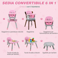 Seggiolone Pappa per Bambini 6 in 1, Seggiolone per Neonati Convertibile, Tavolo per Costruzioni per Bambini, con Imbracatura a 5 Punti, per Bambini da 6 Mesi fino 3 Anni (Rosa)