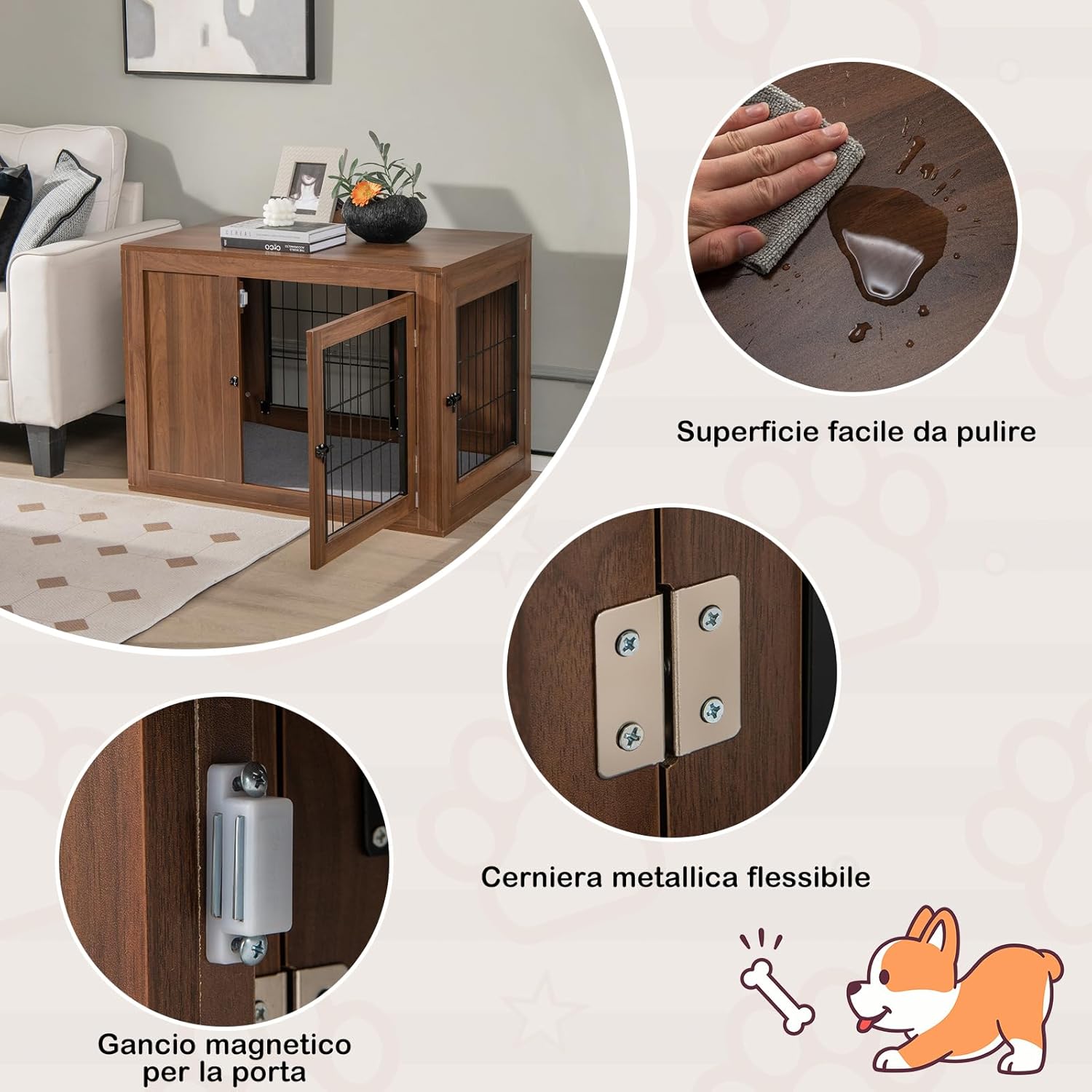 Gabbia per Cani con Doppie Porte Bloccabili, Cuccia in Legno per Cani con Cusino e Rete Metallica Antimorso, Kennel per Cani di Piccola e Media Taglia, per Uso Interno, 92 x 59 x 66,5 cm