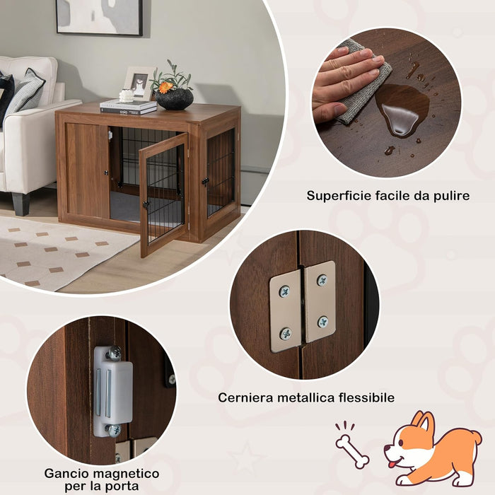 Gabbia per Cani con Doppie Porte Bloccabili, Cuccia in Legno per Cani con Cusino e Rete Metallica Antimorso, Kennel per Cani di Piccola e Media Taglia, per Uso Interno, 92 x 59 x 66,5 cm