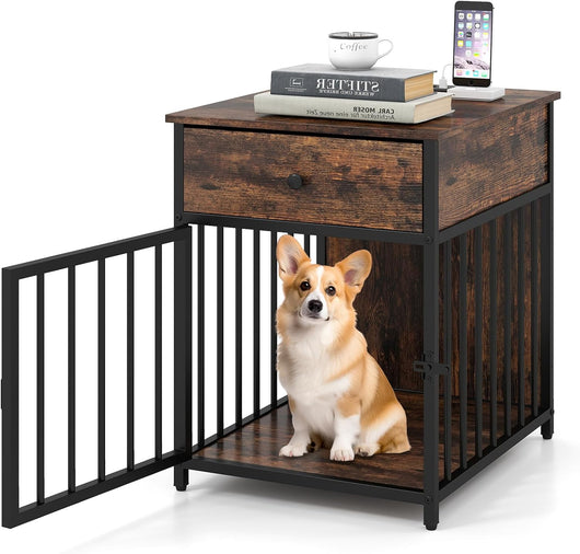 Gabbia per Cani 81 x 37 x 115 cm con 2 Prese AC, 2 Porte Usb e 1 Porta Type-C, Cuccia per Cani in Legno con Stazione di Ricarica, Cassetto e Tubi Metallici, Armadietto Multiuso