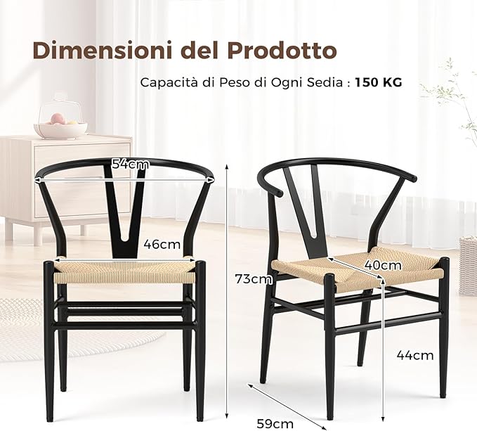 Set di 2 Sedie Sala da Pranzo, Sedie Moderna in Metallo con Seduta Intrecciato, Schienale a Forma di Y e Braccioli, Poltrone per Ufficio, Cucina e Ristorante, 46 x 59 x 73 cm (Nero e Naturale)