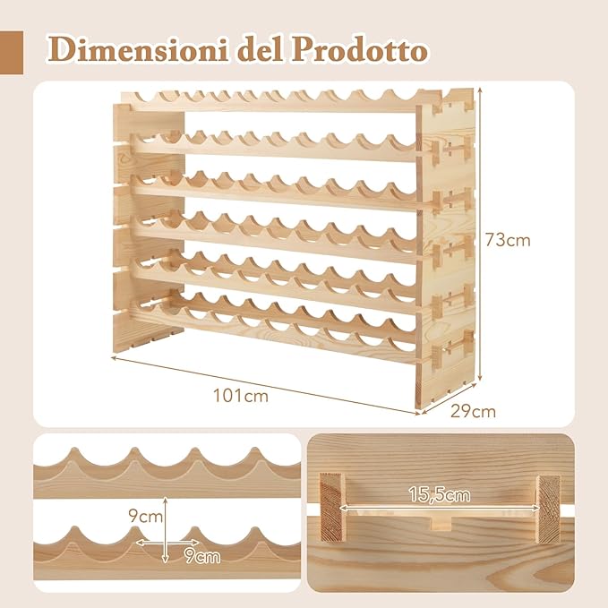 Cantinetta Portabottiglie Vino, Portabottiglie di Vino da 60 Bottiglie a 6 Ripiani, Scaffale Portavino da Terra per Cucina, Cantina e Ristorante (60 Bottiglie)