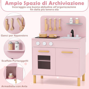 Cucina Giocattolo con Fornelli a Suoni e Luci Reali, Cucina per Bambini in Legno con Lavandelo Estrabile, Rubinetto e Forno, Set Cucina con 11 Accessori, 55 x 31 x 75 cm (Rosa)