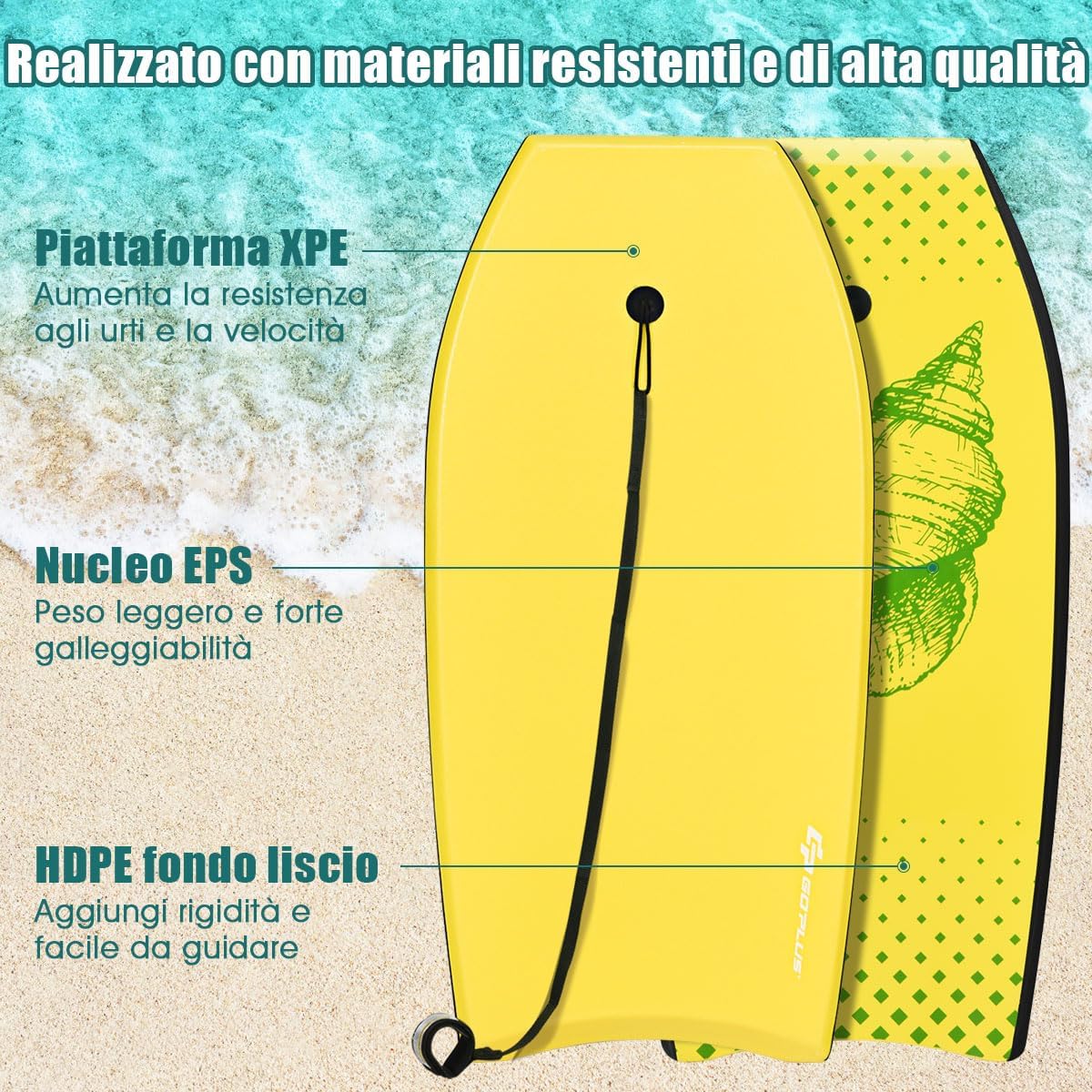 Tavola da Surf in XPE, EPS e HDPE, Tavola Surf Bambini e Adulti, Tavoletta Mare con Leash per Polso, Portata 85 kg, Disponibile in Vari Colori, 104 x 51 x 6 cm (Giallo)