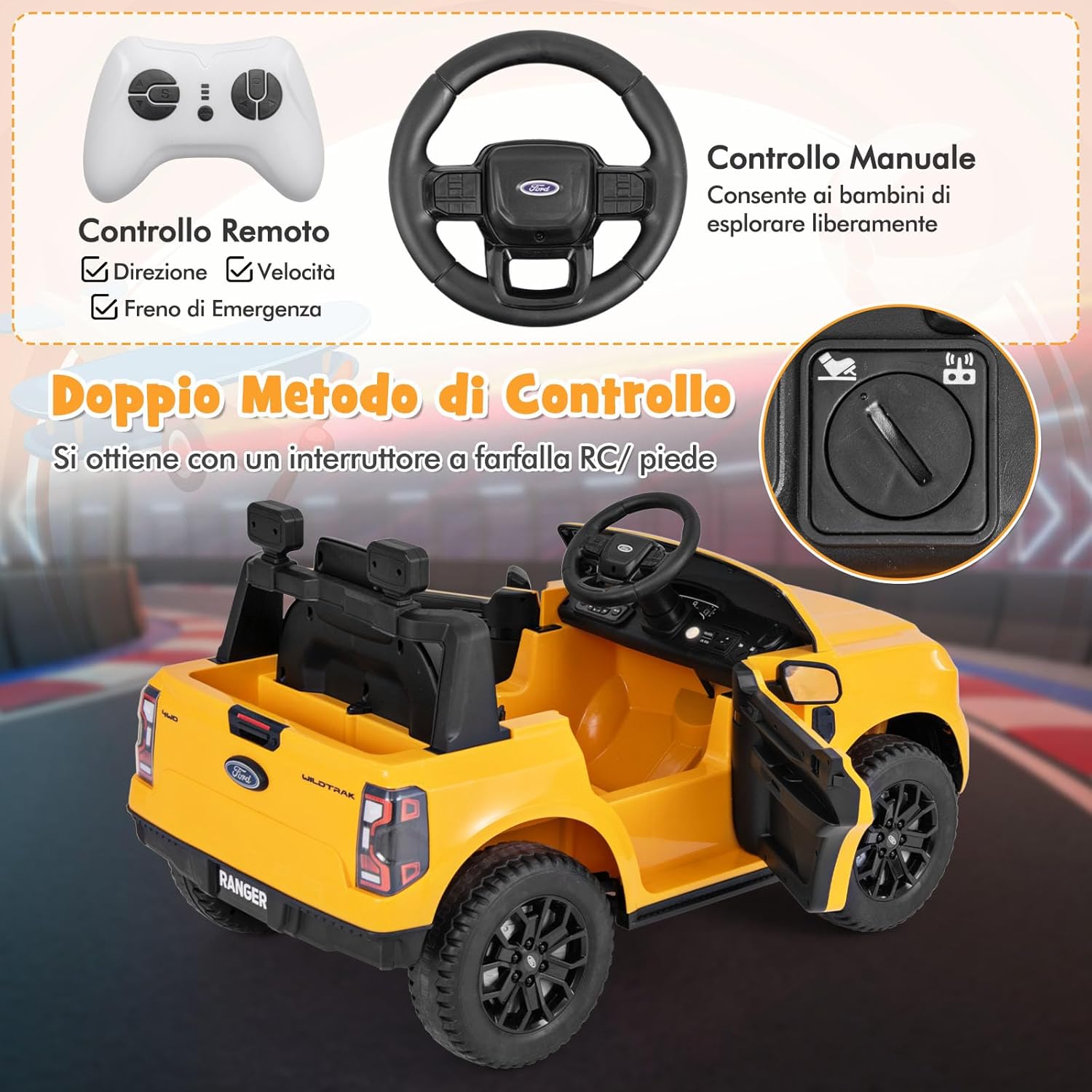 Ford Ranger Auto Elettrica 12V per Bambini, con Telecomando, USB, Clacson, 2 Modalità di Guida, Connessione Wireless, Partenza Progressiva, per Bambini da 3 a 6 Anni