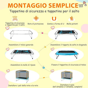 Trampolino Rettangolare per Bambini 3-in-1 190 x 124 cm, Tappetto Elastico per Bambini da Esterno ed Interno con Rete, Altalena, Barra, Copertura e Design senza Fessure
