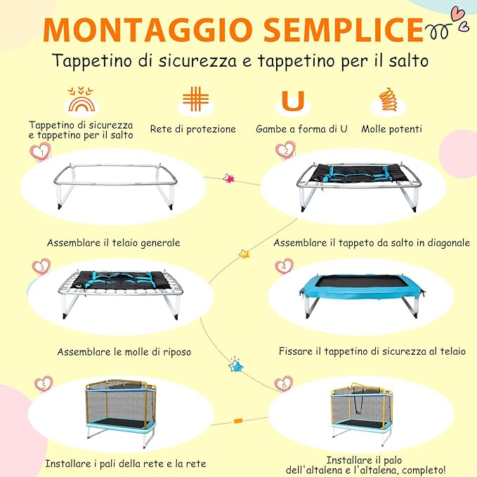 Trampolino Rettangolare per Bambini 3-in-1 190 x 124 cm, Tappetto Elastico per Bambini da Esterno ed Interno con Rete, Altalena, Barra, Copertura e Design senza Fessure