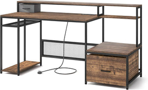 Scrivania per Computer da 170 CM, Scrivania con Supporto per Monitor e Cassetto, Prese di Corrente, Porte USB e Ripiani di Archiviazione, Scrivania per Ufficio e Casa