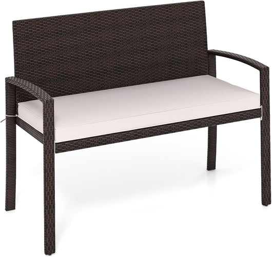 Panchina da Esterno in Rattan PE 110 x 56 x 84 cm, Panchina da Giardino con Morbido Cuscino, Schienale e Braccioli, Poltrona per Veranda, Balcone e Ingresso (Bianco)