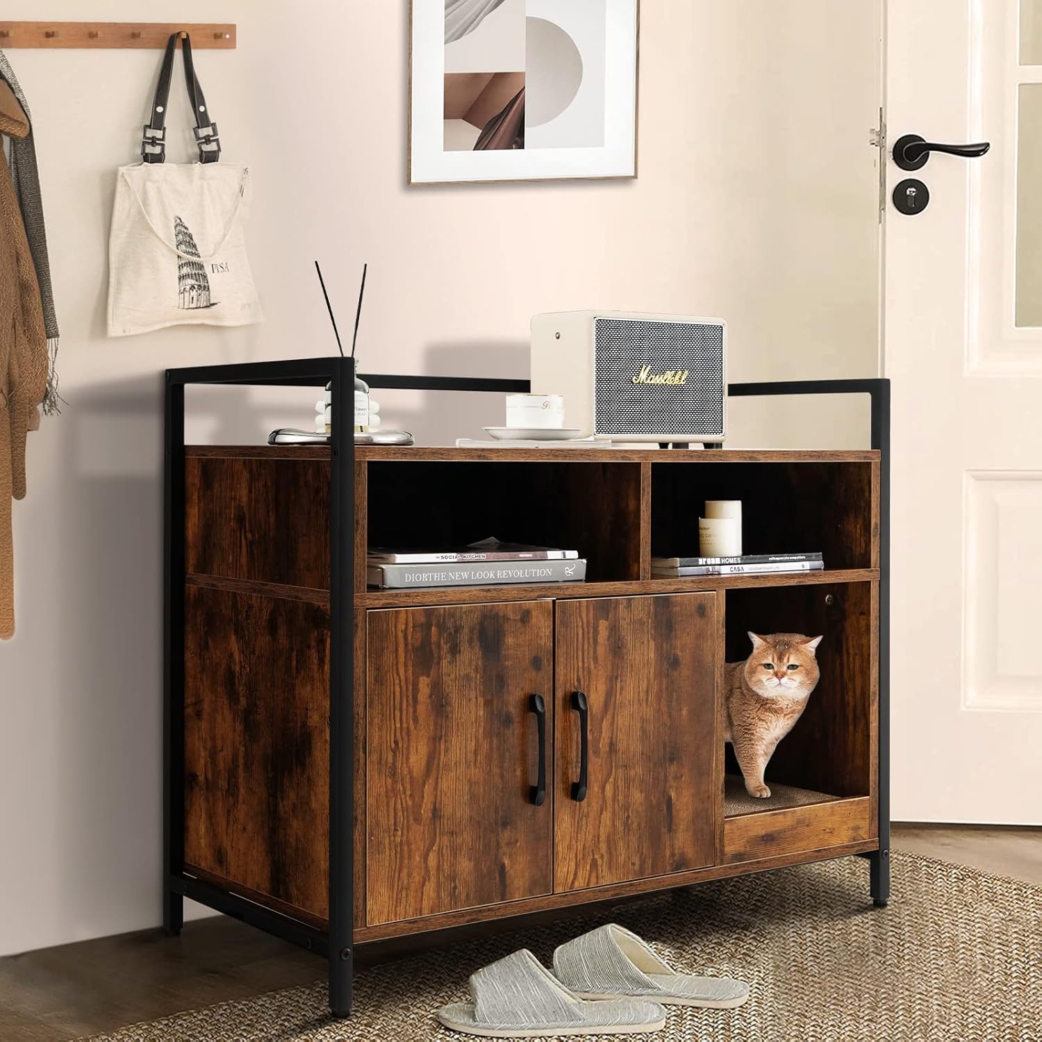 Mobile per Lettiera Gatti con Ripiani Aperti e Ripiani Chiusi con Maniglie, Mobiletto Multiuso per Ingresso e Soggiorno, 82,5 x 51 x 51 cm, Portata 50 kg (Marrone)