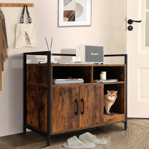 Mobile per Lettiera Gatti con Ripiani Aperti e Ripiani Chiusi con Maniglie, Mobiletto Multiuso per Ingresso e Soggiorno, 82,5 x 51 x 51 cm, Portata 50 kg (Marrone)
