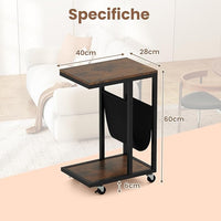 Tavolo per Computer, Tavolino Portatile a 3 Livelli con Tasca e Struttura in Metallo Resistente, Desk a Forma di C con Ruote per Camera da Letto, Balcone e Ufficio, 40 x 28 x 59 cm
